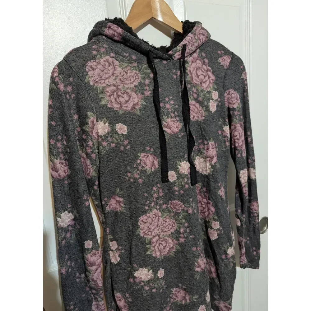Ultra Flirt Large Gray Lightweight Sherpa Lined Hoodie Pink Floral Tunic To, L - Picture 4 of 9
